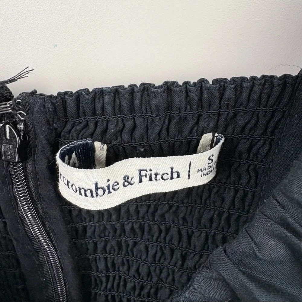 Abercrombie Puff Sleeve Plunge Midi Dress Black V Neck Cotton Blend Poplin Small - Picture 5 of 9